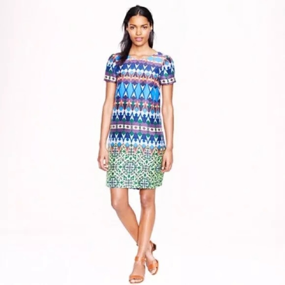 J Crew Geometric Silk Shift Dress Short Sleeve Multicolor Womens Size 6